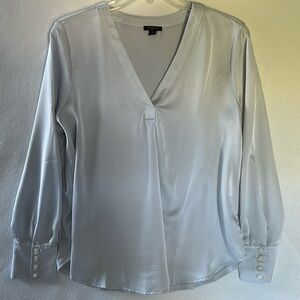 Ann Taylor V Neck Shine Woven Pleat-Front Mixed Media Top